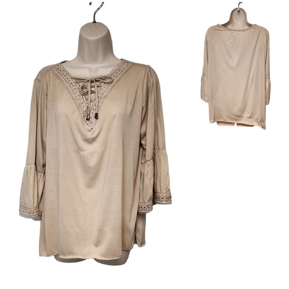 New York Laundry Loose Fit Blouse 3/4 Bell Sleeve Lace Accent Sz M Color Beige